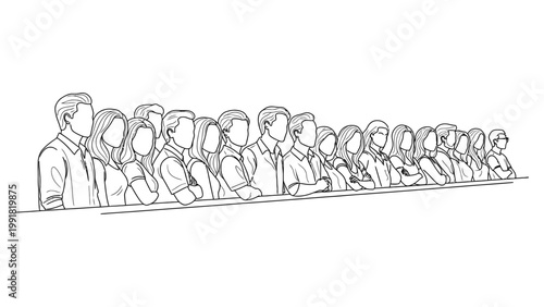 A crowd of diverse people standing in a line looking forward.