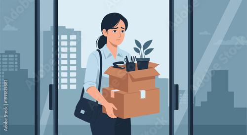 A sad woman carrying office belongings in boxes, leaving a building