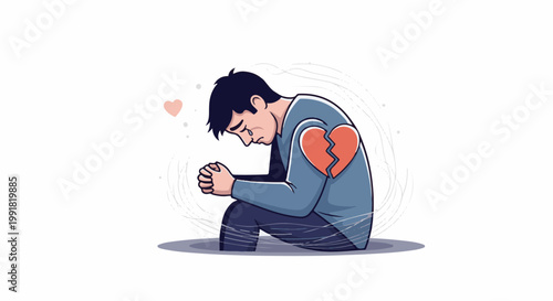 A sad man with a broken heart symbol on his chest, with a small pink heart nearby