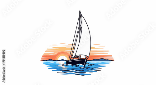 A sailboat glides on blue water under a colorful sunset sky