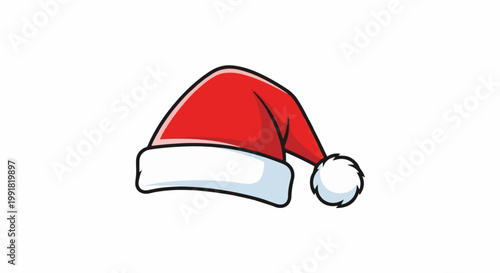 A simple cartoon drawing of a red Santa hat with a white trim and a fluffy pompom