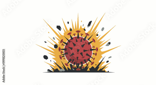 A red virus particle explodes outwards with sharp yellow bursts and scattered dark debris