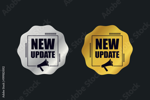 New update gold and silver labels set, premium notification badges with megaphone icon for software and news