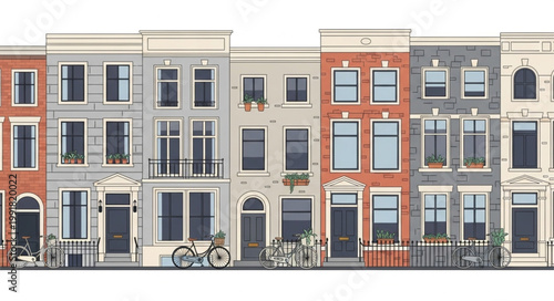 Row of colorful townhouses with unique architectural details.