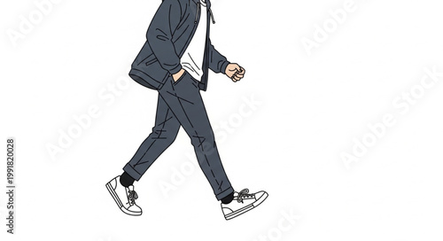 Man in denim jacket and jeans walking confidently.