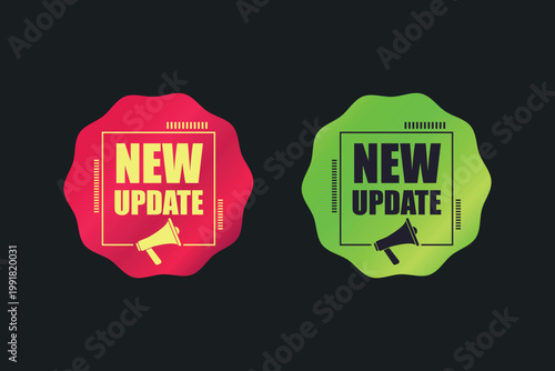 New update red and green labels set, vibrant notification badges with megaphone icon for apps and system alerts