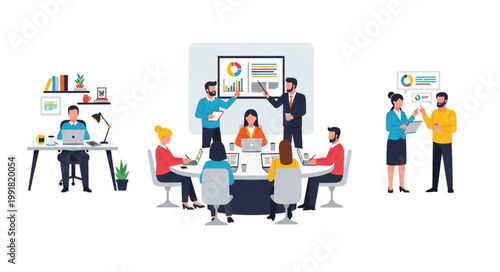 Business meeting and collaboration in modern office spaces.