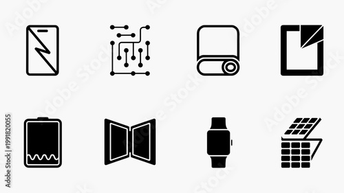 Minimalist foldable display and flex-circuit symbols - Perfect for consumer electronics blogs, smartphone tech reports, and bendable device news.