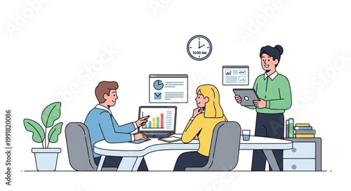 Diverse team collaborating in modern office meeting.