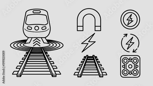 Technical maglev train and levitation icons - Ideal for high-speed rail engineering, transportation logistics, and electromagnetic tech.