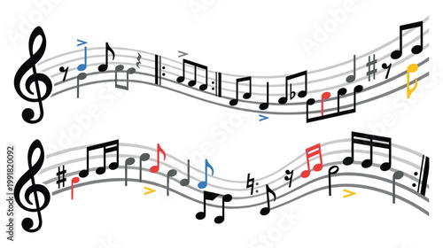Musical notes on staff with treble clefs and time signatures.
