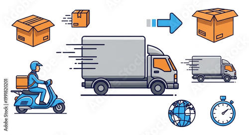 Delivery service with truck scooter and boxes.