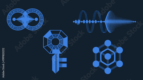 Bold futuristic quantum gate and wave-particle symbols - Great for scientific research presentations, tech news, and physics infographics.