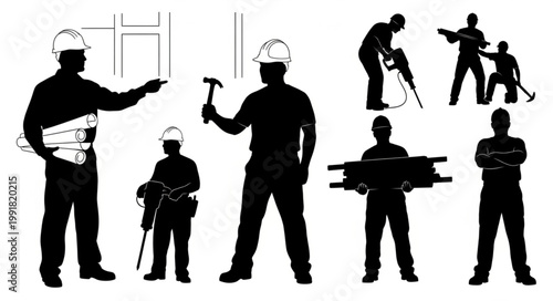 Construction workers silhouettes with tools and blueprints.