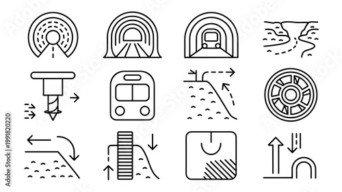 Flat subterranean passage and excavation icons - Suitable for tunnel safety signage, engineering blogs, and construction tech infographics.