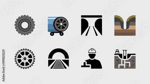 Boring machine and tunnel transport icons - Ideal for infrastructure engineering, subterranean logistics, and civil engineering manuals.