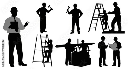 Construction workers and builders in silhouette performing various tasks.