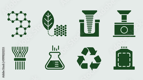 Bio-plastic molecular and extrusion icons - Ideal for sustainable manufacturing, plant-based material science, and green tech UI.