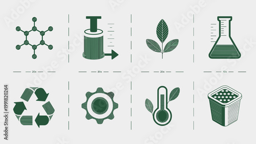 Technical plant resin and bio-pellet symbols - Great for eco-friendly product branding, material engineering, and green manufacturing reports.