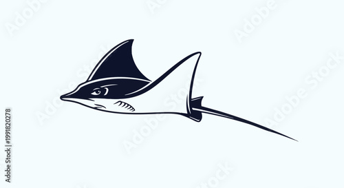 A stylized dark blue manta ray glides gracefully through pale blue space