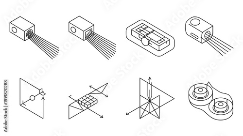 Technical photonic module and beam splitter icons - Great for optical hardware blogs, chip architecture news, and fiber optic engineering.