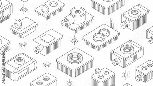 Geometric laser diode and waveguide icons - Suitable for photonic component catalogs, optical communication UI, and tech reports.
