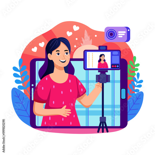 Flat style illustration showing a lady filming herself
