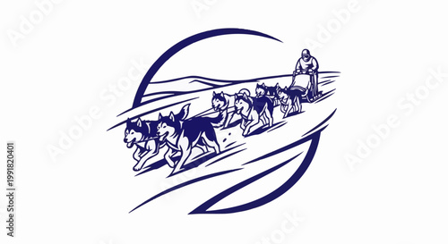 A team of sled dogs pulling a person through a snowy landscape under a curved line