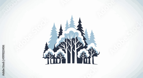 A stylized winter forest scene with pine and bare trees covered in snow