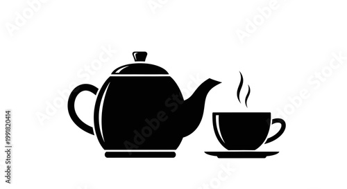 Black and white silhouette illustration of a teapot and a steaming tea cup.