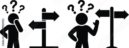 Two individuals pondering opposite directional signs with uncertainty and confusion