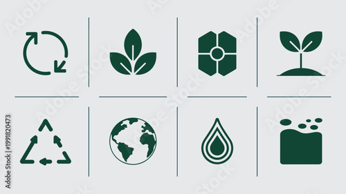 Biodegradable polymer and compost icons – Ideal for eco-friendly packaging, green branding, or sustainability news.