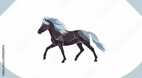 A stylized dark horse with a flowing mane and tail, walking left against white backdrop