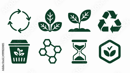 Technical compostable material icon set – Great for green manufacturing, recycling guides, or eco-packaging UI.