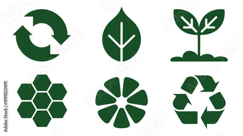 Forest green biodegradable icon system – Suitable for bio-plastic research, environmental policy, or organic tech.