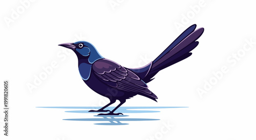 A stylized, dark-feathered bird with a blue neck stands on an icy surface