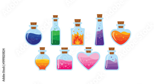 Nine unique glass potion bottles filled with vibrant blue green orange and pink magical liquids are arranged neatly against a clean white background setting.