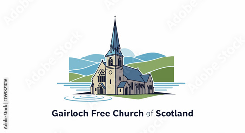 A stylized depiction of a church on a body of water, with rolling hills behind