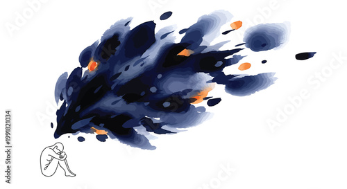Abstract, artistic, vector illustration of person on bicycle, surrounded by vibrant blue and orange splatters, emotions, stress, anxiety