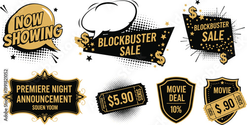 Cinema Promotion Sticker Set with Now Showing Blockbuster Sale Premiere Night Labels Movie Deals and Vintage Ticket Badges Vector Illustration