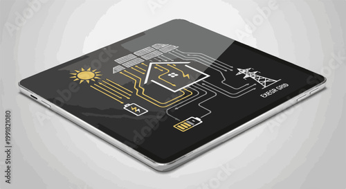 A tablet displays a smart home energy grid simulation powered by solar