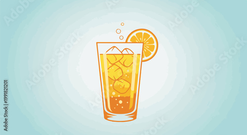 A tall glass of iced orange juice with a slice of orange on the rim, against a pale blue background