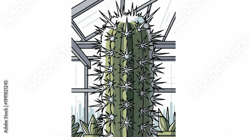 A tall, spiky cactus stands inside a sunlit greenhouse with geometric framing