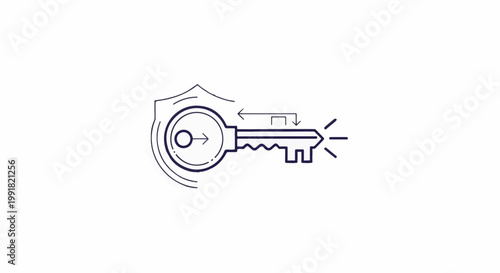 A stylized key with a shield and arrows, symbolizing access and protection