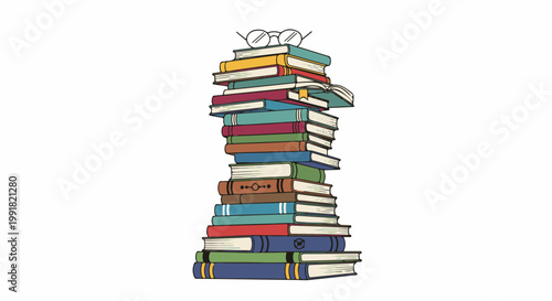 A tall stack of colorful books is topped with a pair of spectacles