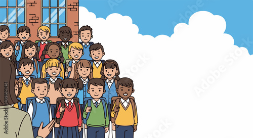 A teacher greets a diverse group of smiling, uniformed schoolchildren with backpacks outside a school