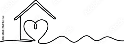 A simple sketch of a house with a heart and wavy ground line representing love and home