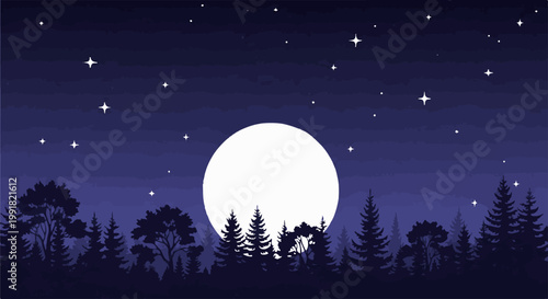 A vibrant full moon illuminates a dark forest under a starry night sky