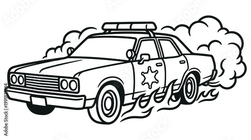Vintage police car line art illustration with tire smoke and flames.