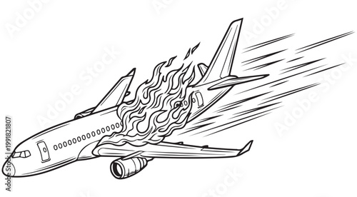 Burning airplane crashing in flight vector illustration for aviation disaster and emergency safety concept